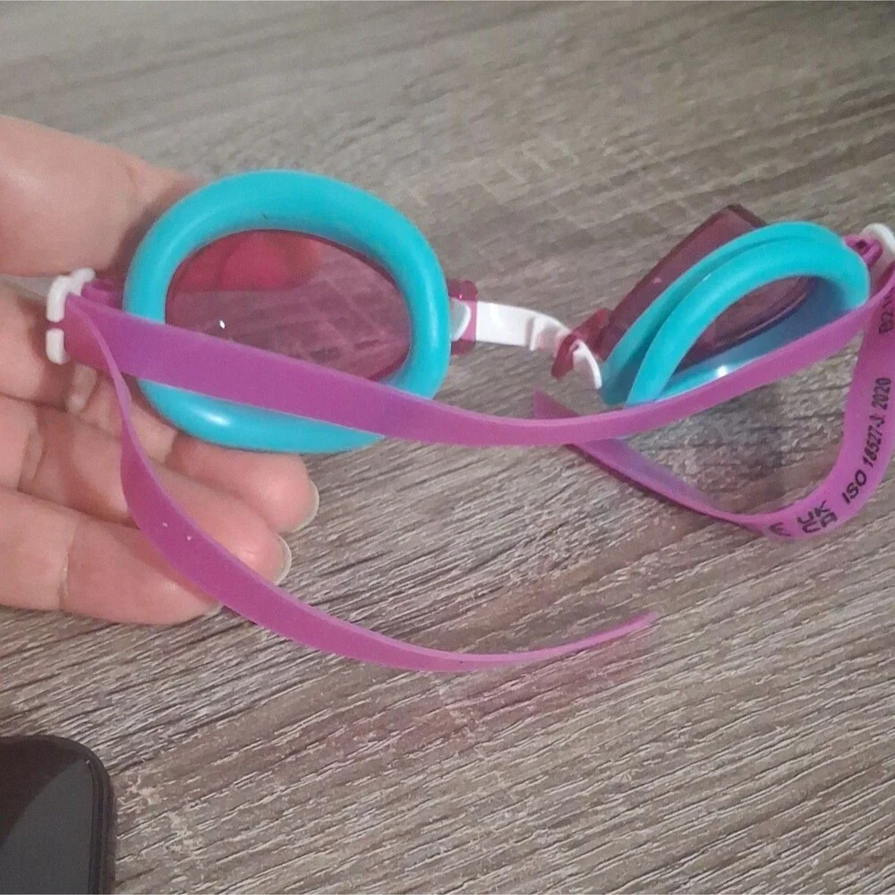 Kids Swim Goggles Teal Frame, Pink Tinted Lenses, Pink/Purple Strap